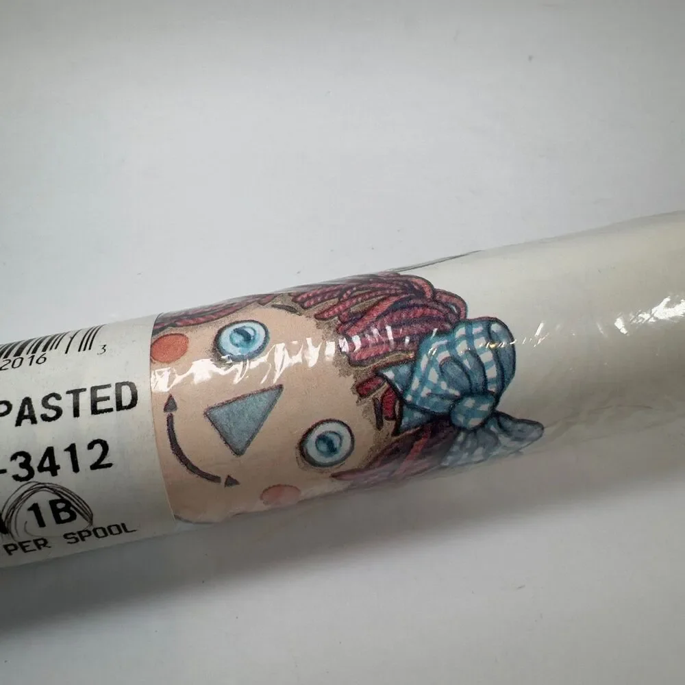 Vtg Raggedy Ann Pre-Pasted Wallpaper Rag Dolls 5 Yards Spool Kids Room Cute